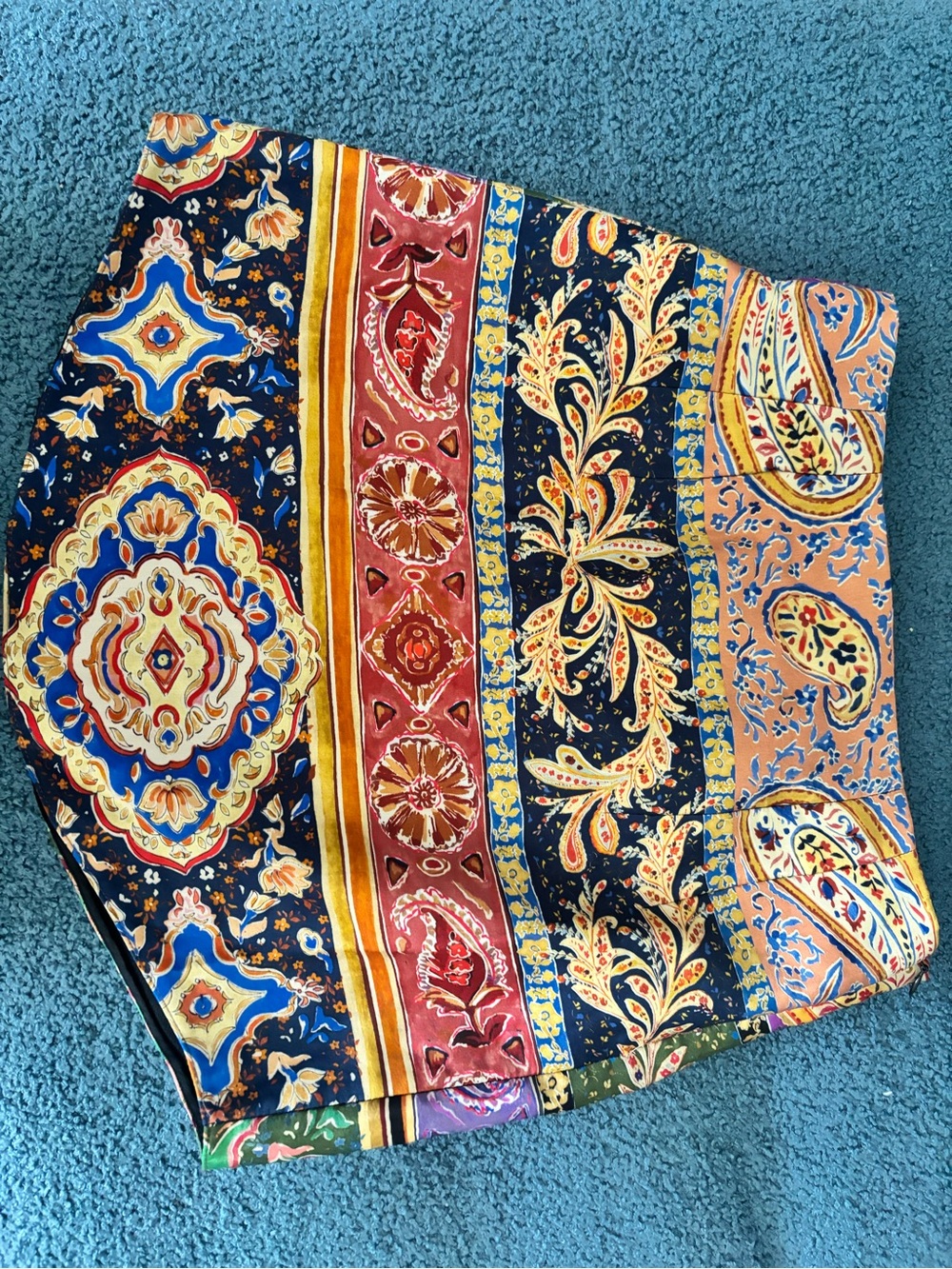 Zara Silk Bohemian Patchwork Printed Mini Skirt in Navy, Mustard & Coral